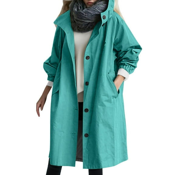 FAOWME Women's Hooded Coat With Pockets Long Sleeve Solid Color Buttons Drawstring Mid Length Loose Comfortable Elegant Jacket For Daily Wear,Blue,S