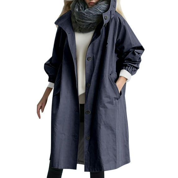 FAOWME Women's Hooded Coat With Pockets Long Sleeve Solid Color Buttons Drawstring Mid Length Loose Comfortable Elegant Jacket For Daily Wear,Navy,S