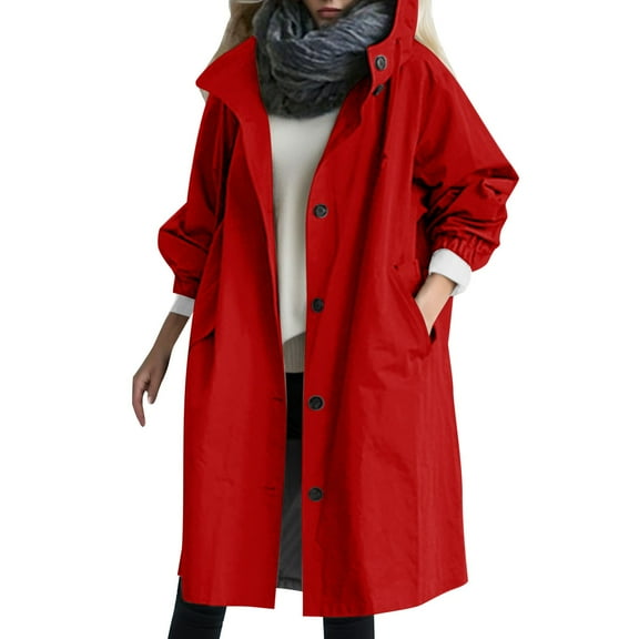 FAOWME Women's Hooded Coat With Pockets Long Sleeve Solid Color Buttons Drawstring Mid Length Loose Comfortable Elegant Jacket For Daily Wear,Red,S