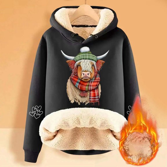 FAOWME Women's Hoodies Long Sleeve Cartoon Print Plush Thick Warm Comfortable Loose Sweatshirt For Daily Wear Black M