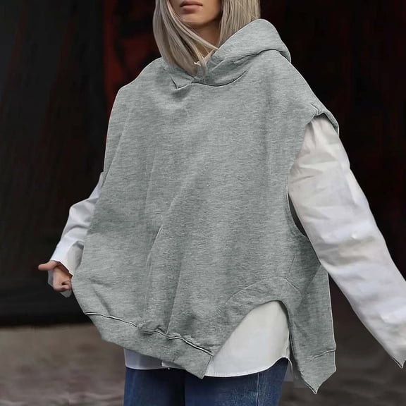 FAOWME Women's Hoodies Sleeveless Solid Color Fashion Comfortable Sweatshirt For Fall Winter Daily Wear Grey S