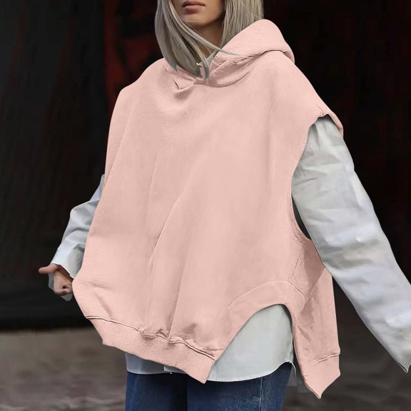 FAOWME Women's Hoodies Sleeveless Solid Color Fashion Comfortable Sweatshirt For Fall Winter Daily Wear Pink M