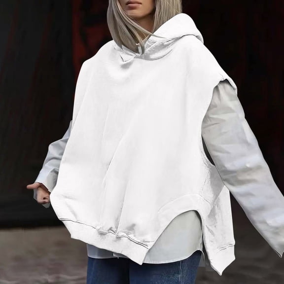 FAOWME Women's Hoodies Sleeveless Solid Color Fashion Comfortable Sweatshirt For Fall Winter Daily Wear White S