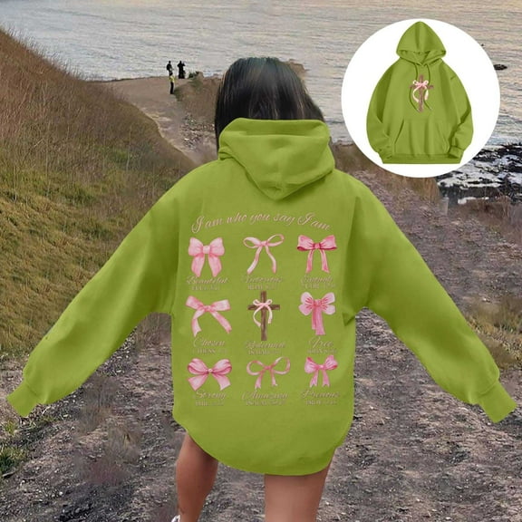 FAOWME Women's Hoodies With Pocket Long Sleeve Bow Print Drawstring Casual Comfortable Warm Sweatshirt For Fall Winter Daily Wear Green Xl