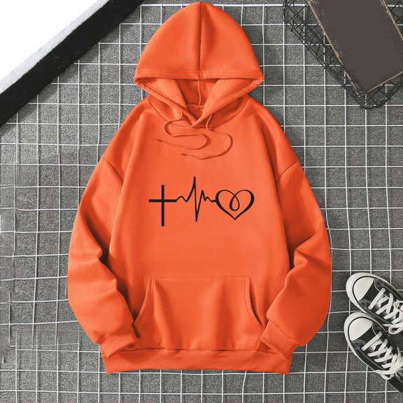 FAOWME Women's Hoodies With Pocket Long Sleeve Cartoon Print Drawstring Casual Comfortable Warm Sweatshirt For Fall Winter Daily Wear Orange S