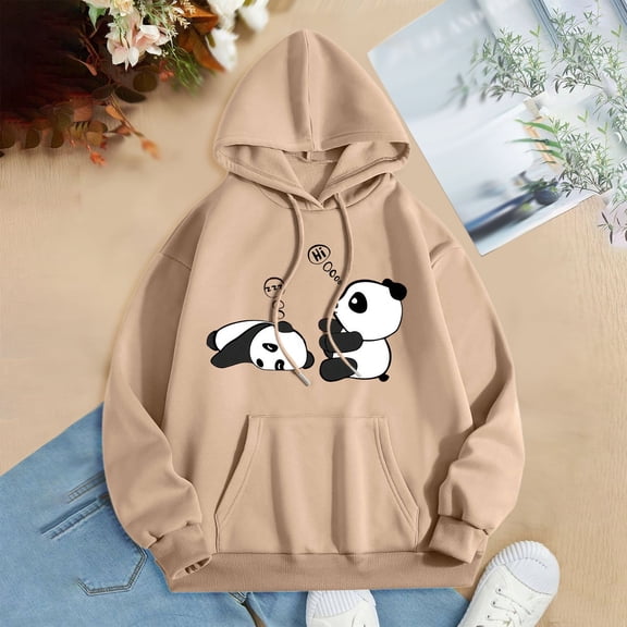 FAOWME Women's Hoodies With Pocket Long Sleeve Cute Panda Print Drawstring Loose Fit Comfortable Sweatshirt For Fall Winter Daily Wear Khaki L