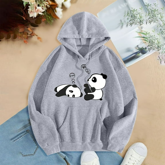 FAOWME Women's Hoodies With Pocket Long Sleeve Cute Panda Print Drawstring Loose Fit Comfortable Sweatshirt For Fall Winter Daily Wear Light Gray M