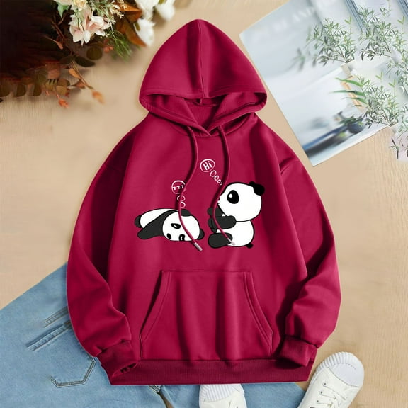 FAOWME Women's Hoodies With Pocket Long Sleeve Cute Panda Print Drawstring Loose Fit Comfortable Sweatshirt For Fall Winter Daily Wear Red Xxl