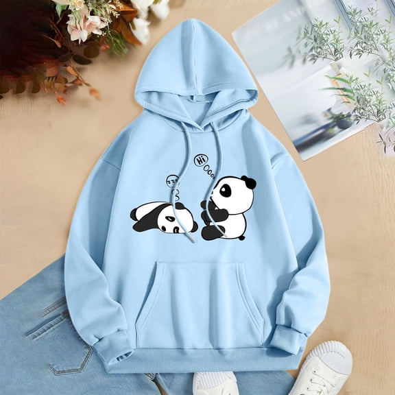 FAOWME Women's Hoodies With Pocket Long Sleeve Cute Panda Print Drawstring Loose Fit Comfortable Sweatshirt For Fall Winter Daily Wear Sky Blue L