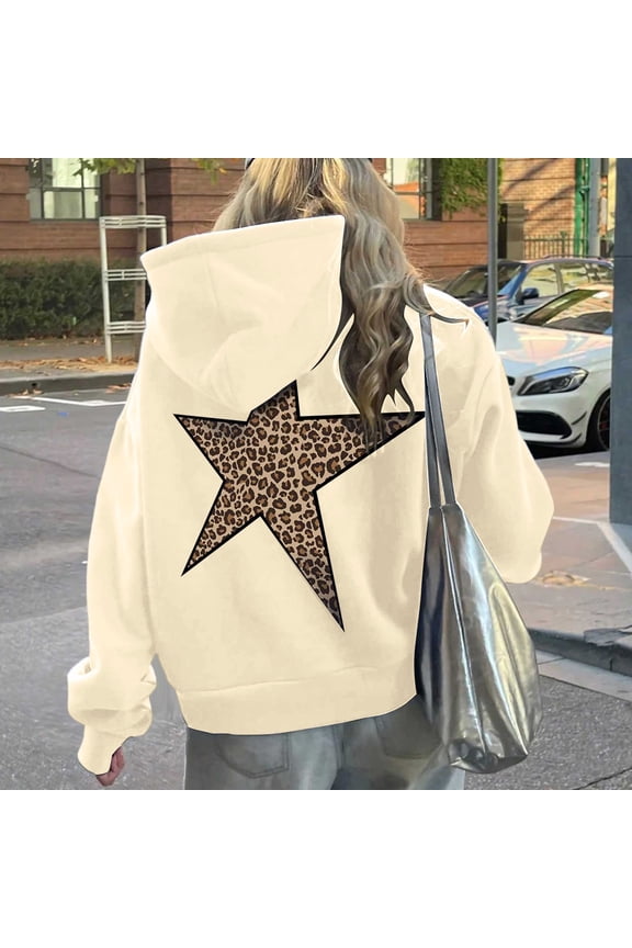 Women's Hoodies With Pocket Long Sleeve Drawstring Star Print Leopard Casual Comfortable Warm Sweatshirt For Fall Winter Daily Wear Beige Xl