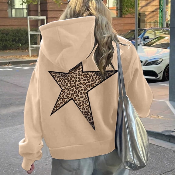 FAOWME Women's Hoodies With Pocket Long Sleeve Drawstring Star Print Leopard Casual Comfortable Warm Sweatshirt For Fall Winter Daily Wear Khaki S