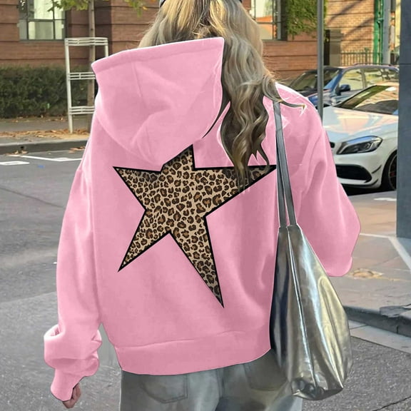FAOWME Women's Hoodies With Pocket Long Sleeve Drawstring Star Print Leopard Casual Comfortable Warm Sweatshirt For Fall Winter Daily Wear Pink S