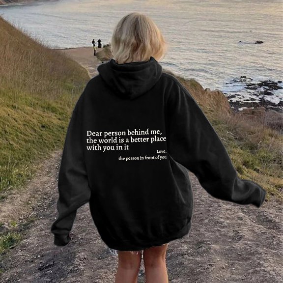 FAOWME Women's Hoodies With Pocket Long Sleeve Letter Print Casual Comfortable Warm Sweatshirt For Fall Winter Daily Wear Black S