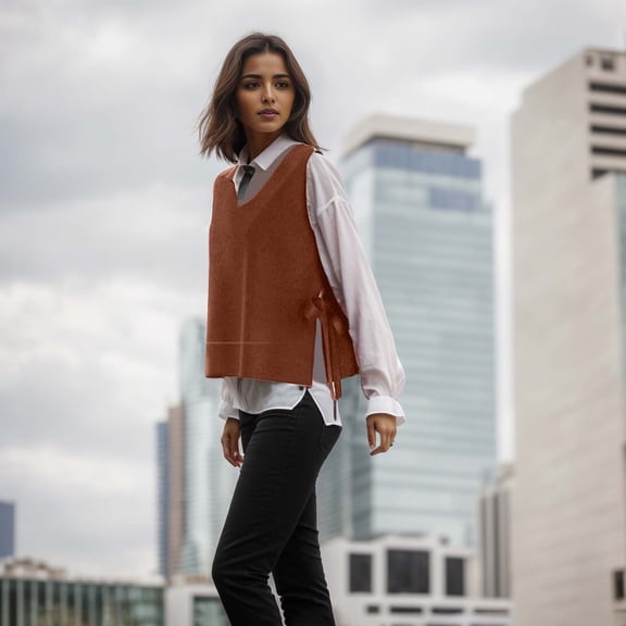 FAOWME Women's Knitted Vest Sleeveless V Neck Solid Color Lace Up Warm Fashion Comfortable Sweater For Casual Wear Gold Xl