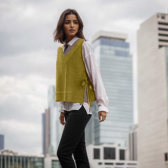 FAOWME Women's Knitted Vest Sleeveless V Neck Solid Color Lace Up Warm Fashion Comfortable Sweater For Casual Wear Yellow M