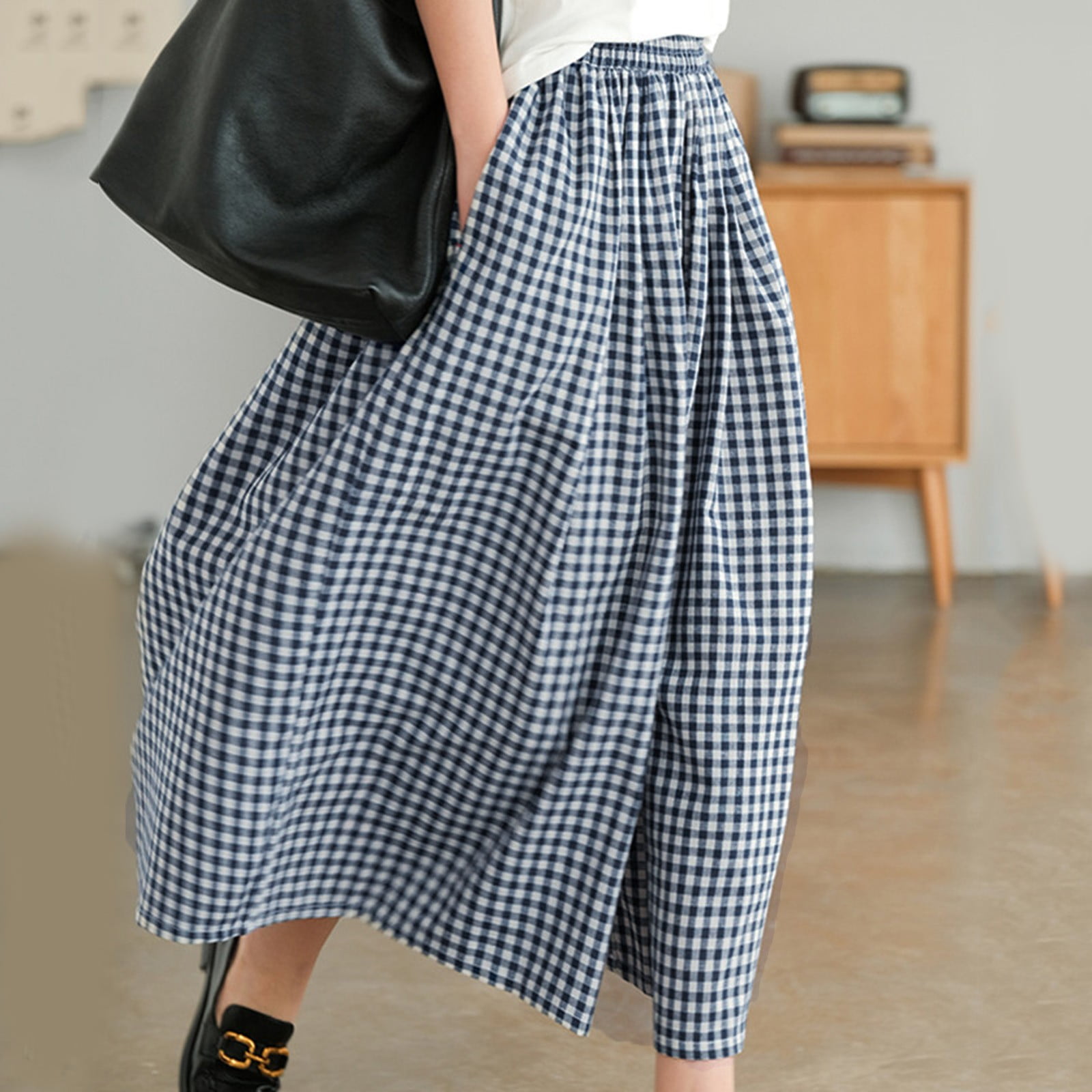 FAOWME Women's Pants Elastic Waist High Waist Wide Leg Plaid Print ...