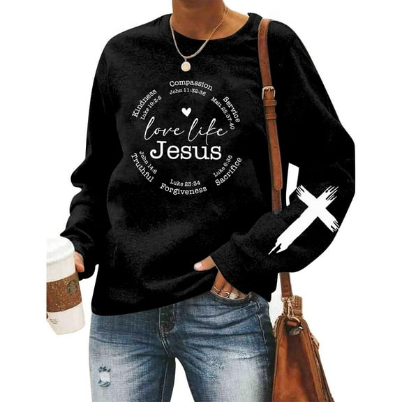 FAOWME Women's Pullover Long Sleeve Round Neck Letter Print Comfortable Fashion Soft Sweatshirt Top For Fall Winter Daily Wear Black Xl
