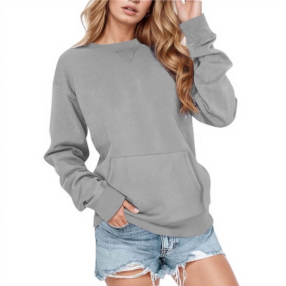 FAOWME Women's Pullover Long Sleeve Round Neck Solid Color Comfortable Breathable Sweatshirt For Fall Winter Daily Wear Grey M