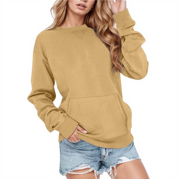 FAOWME Women's Pullover Long Sleeve Round Neck Solid Color Comfortable Breathable Sweatshirt For Fall Winter Daily Wear Yellow M