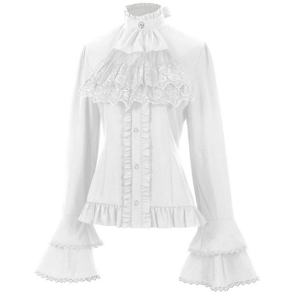 FAOWME Women's Retro Shirt With Straps Inside Pleated Lace Long Sleeved Stand Collar Solid Color Buttons Fashion Blouse Top For Stage Performance,White,M