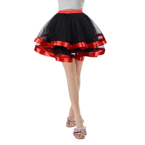 FAOWME Women's Skirt Elastic Waist Color Block Comfortable Fashion Mesh Tutu Dancing Skirts For Stage Performance Party Celebration,Red,One Size