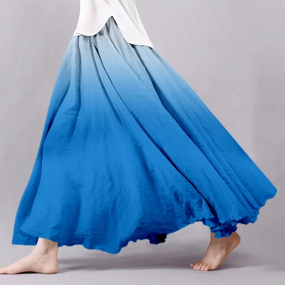 FAOWME Women's Skirt Elastic Waist Gradient A Line Flowy Design Boho Comfortable Fashion Linen Maxi Skirts For Casual Daily Wear,Blue,L
