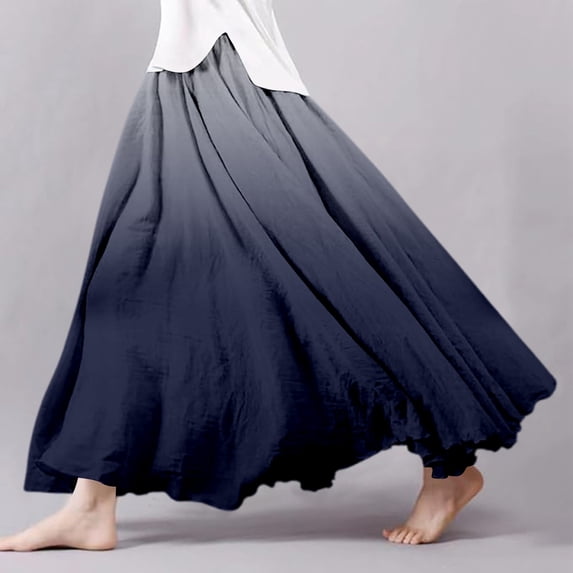 FAOWME Women's Skirt Elastic Waist Gradient A Line Flowy Design Boho Comfortable Fashion Linen Maxi Skirts For Casual Daily Wear,Navy,S