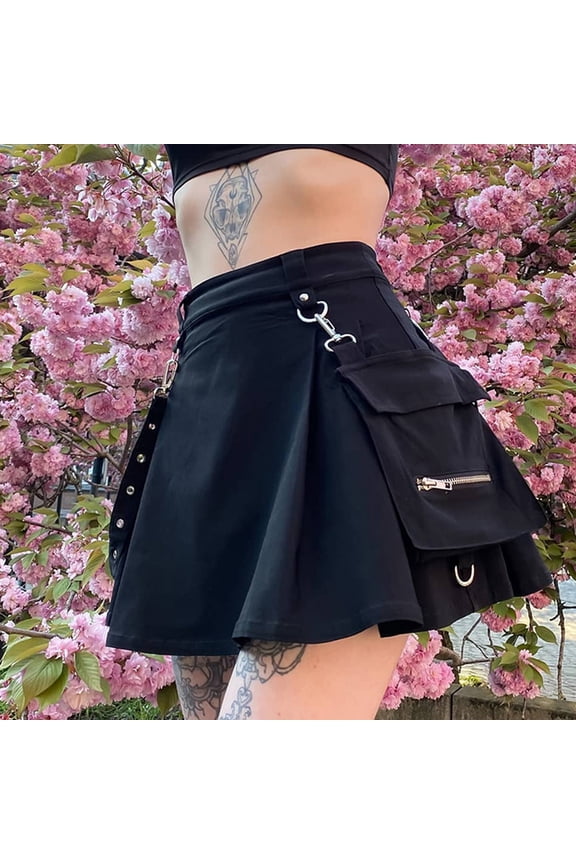 Women's Skirt High Waist Solid Color Irregular Gothic Pleated Punk Belt A Line Comfortable Fashion Mini Skirts For Casual Daily Wear,Black,L