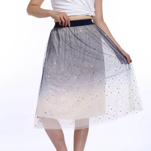 FAOWME Women's Skirt High Waist Star Sequin Irregular Elegant Comfortable Fashion Mid Length Mesh Skirts For Festive And Party Occasion,Beige,Xl