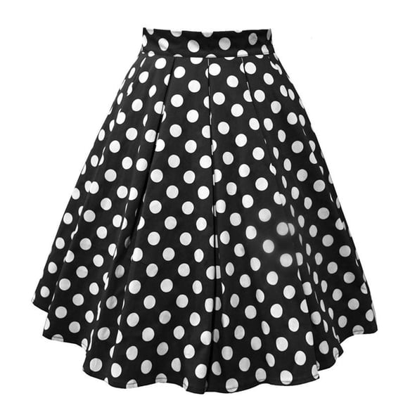 FAOWME Women's Skirts High Waisted Polka Dot Print Pleated A Line Retro Style Comfortable Fashion Mid Length Skirts For Casual Daily Wear,Black,Xxl