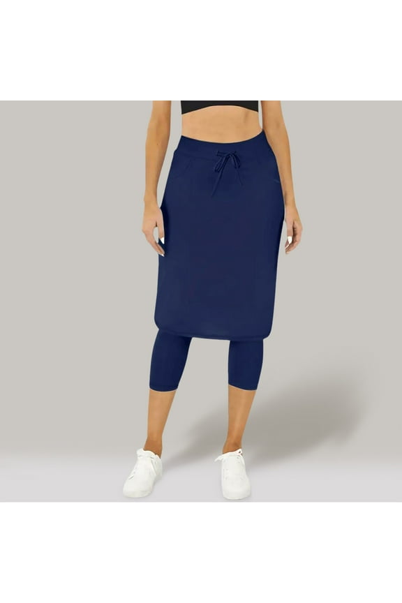 Women's Skirts With Pockets Elastic Waist Drawstring Solid Color Comfortable Stylish Skirt Built In Capri Leggings For Sports Activities,Blue,L