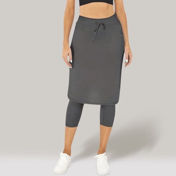 FAOWME Women's Skirts With Pockets Elastic Waist Drawstring Solid Color Comfortable Stylish Skirt Built In Capri Leggings For Sports Activities,Grey,M