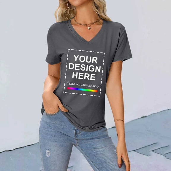 FAOWME Women's T Shirts Short Sleeve V Neck Letter Print Comfortable Slim Fit Tops For Casual Daily Wear Dark Gray L