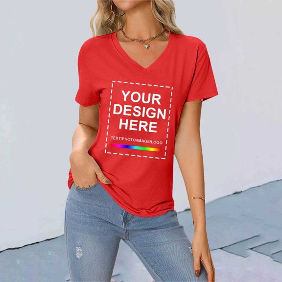 FAOWME Women's T Shirts Short Sleeve V Neck Letter Print Comfortable Slim Fit Tops For Casual Daily Wear Red M