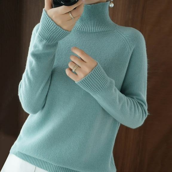 FAOWME Women's Thickened Sweater Tops Turtleneck Long Sleeve Solid Color Knitted Slim Fit Bottoming Shirt Tee For Autumn And Winter,Mint Green,L