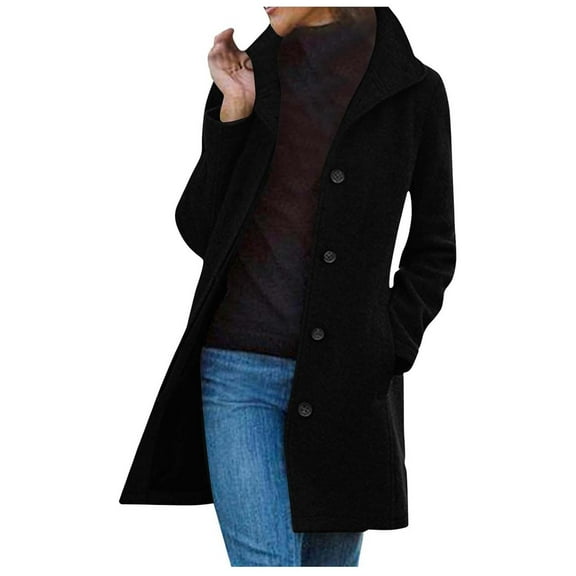 FAOWME Women's Vintage Coat With Pockets Long Sleeve Turndown Collar Solid Color Mid Length Slim Comfortable Elegant Jacket For Autumn Winter Daily Wear,Black,Xxxl