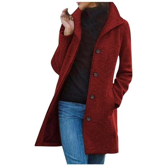 FAOWME Women's Vintage Coat With Pockets Long Sleeve Turndown Collar Solid Color Mid Length Slim Comfortable Elegant Jacket For Autumn Winter Daily Wear,Red,S