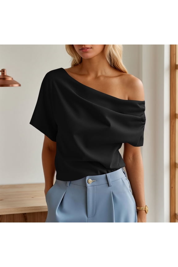 Womens Basic T Shirts Off Shoulder Ruffled Short Sleeve Solid Color Comfortable Fashion Tee Top For Casual Daily Wear,Black,Xl