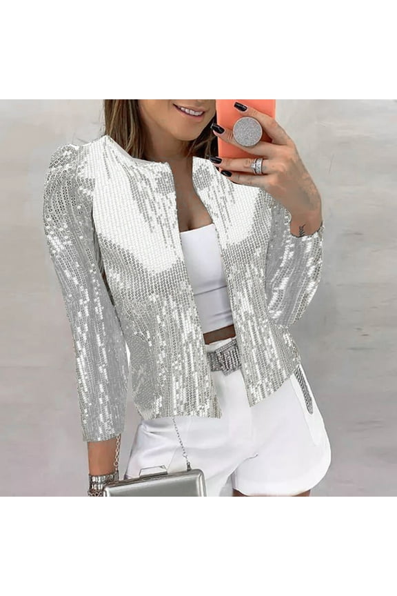 Womens Cardigan Open Front Long Sleeve Solid Color Sequins Fashion Casual Coat Jacket For Daily Wear,Silver,L