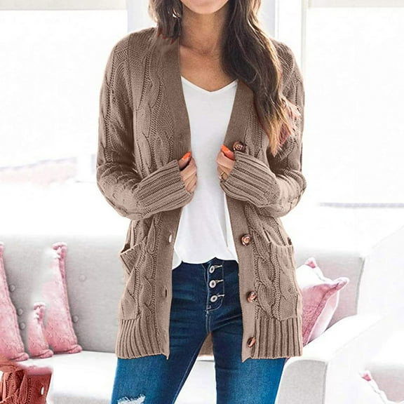 FAOWME Womens Cardigan With Pocket Long Sleeve Knit Open Front Boho Solid Color Buttons Comfortable Slim Fit Sweater Coat For Casual Daily Wear,Pink,M