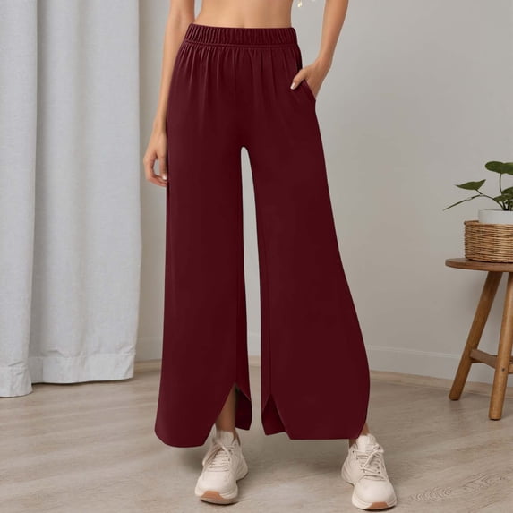 FAOWME Womens Casual Pants Elastic Waist Wide Leg Solid Color Comfortable Loose Fit Trousers With Pockets For Work And Leisure,Red,Xl