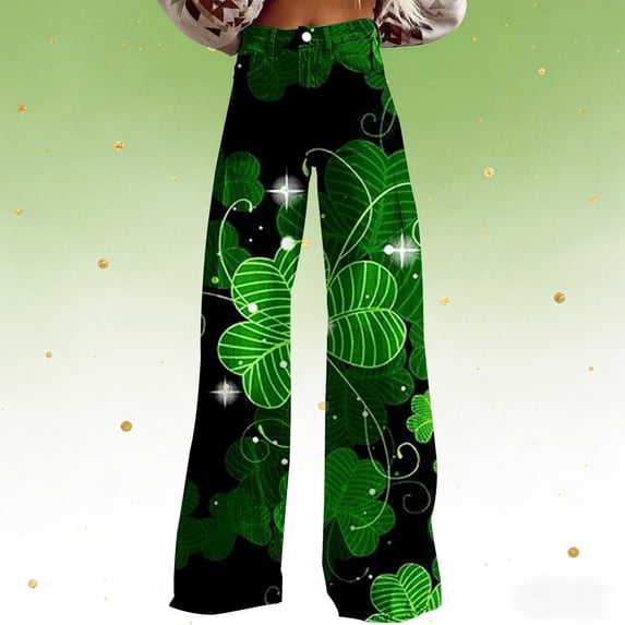 FAOWME Womens Casual Pants High Waist Wide Leg Straight Fit Comfortable Stylish Soft Trousers With Pockets For Patrick's Day,Green,Xxl