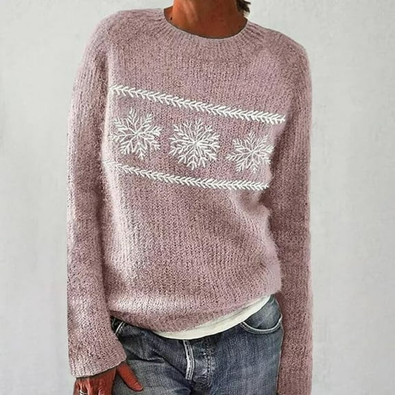 FAOWME Womens Casual Sweater Tops Round Neck Long Sleeve Color Blocked Knitted Trendy Loose Tee For Autumn And Winter Daily Wear,Pink,L