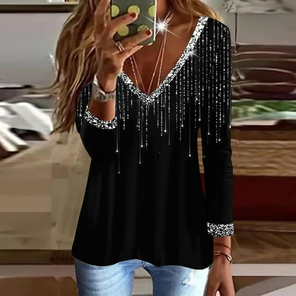 FAOWME Womens Casual Tops Sequins Print Long Sleeve V Neck Side Split Loose Fashion Tee Blouse For Daily Wear,White,L