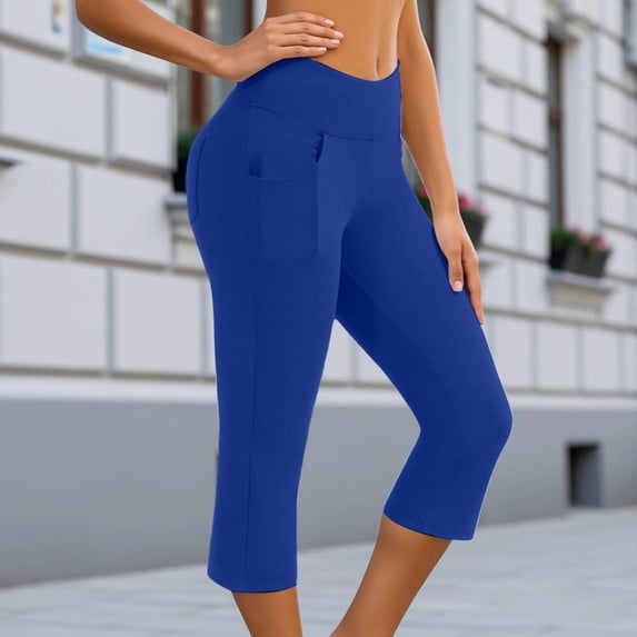 FAOWME Womens Casual Yoga Pants With Side Pockets High Waist Solid Color Comfortable Stretchy Slim Fit Workout Capri Trousers For Daily Wear,Blue,Xl