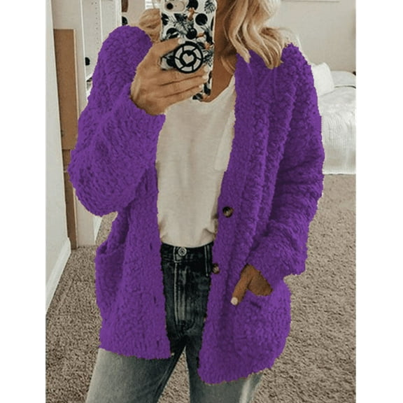 FAOWME Womens Fuzzy Coat With Pocket Long Sleeve Solid Color Buttons Plus Size Casual Warm Jacket For Autumn Winter Daily Wear,Purple,L