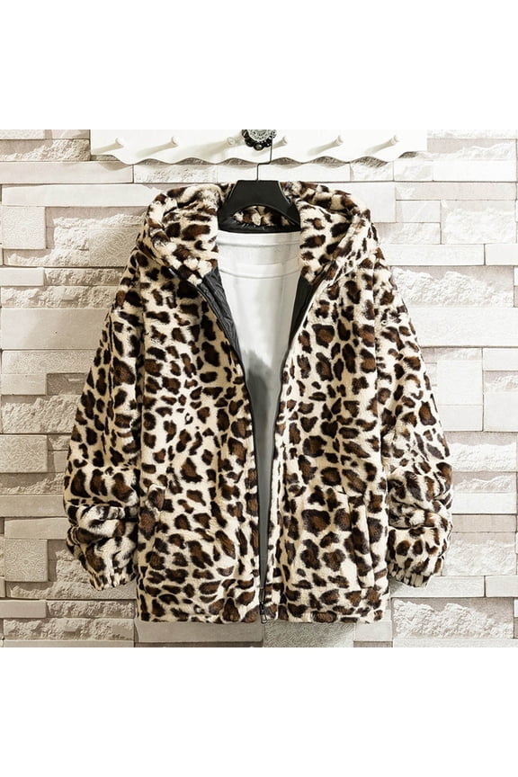 Womens Fuzzy Hooded Coat With Pocket Long Sleeve Leopard Print Zipper Loose Casual Warm Jacket For Autumn Winter Daily Wear Beige Xxl