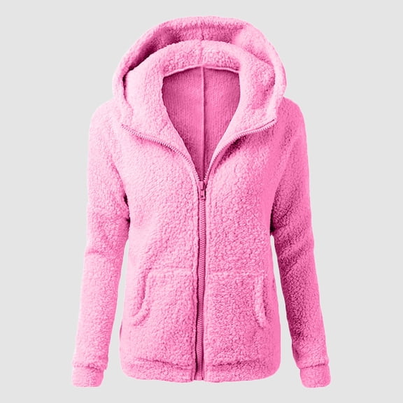 FAOWME Womens Fuzzy Hooded Jacket With Pockets Long Sleeve Zip Up Solid Color Thickened Warm Fashion Coat For Casual Daily Wear Hot Pink M