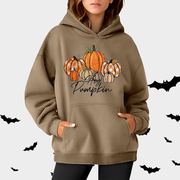 FAOWME Womens Halloween Hoodies With Pocket Long Sleeve Pumpkin Embroidery Comfortable Fashion Sweatshirts For Autumn Winter Daily Wear Khaki S