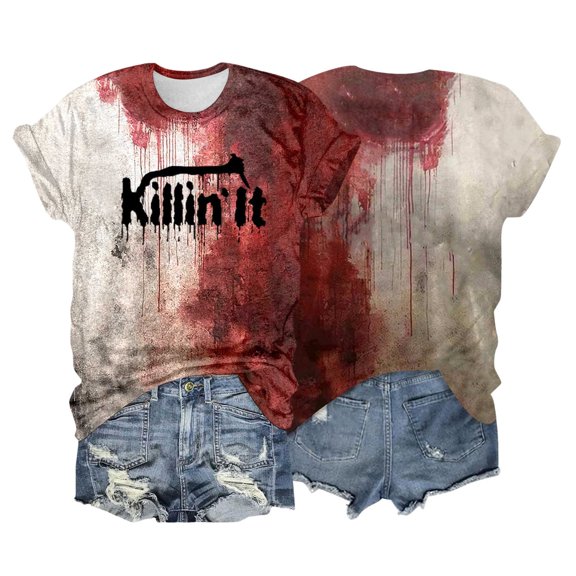 FAOWME Womens Halloween T Shirt Letter Printed Short Sleeve Round Neck Comfortable Breathable Top Tee For Casual Daily Wear,Black,S